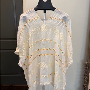 White Embroidered Poncho Top with Yellow & Teal Accents